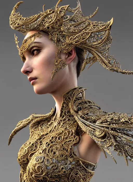 Image similar to a portrait of female in wearable sculpture art, ornate, metal works, intricate details, elegant, highly detailed, digital photography, artstation, glamor pose, concept art, smooth, sharp focus, art by artgerm and greg rutkowski, 3 d character, whole body, full body, film, photorealistic, unreal engine