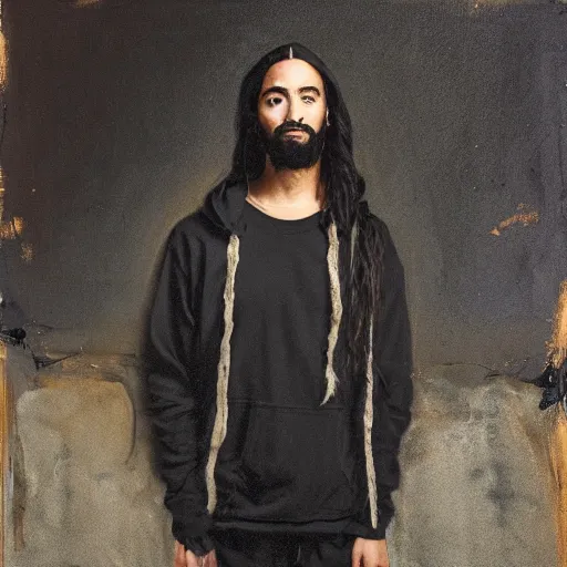 Image similar to a full body portrait of modern day jesus wearing jerry lorenzo streetwear hoodie and pants by nicola samori, oil painting, smudges, realistic, 8 k, adidas sneakers style