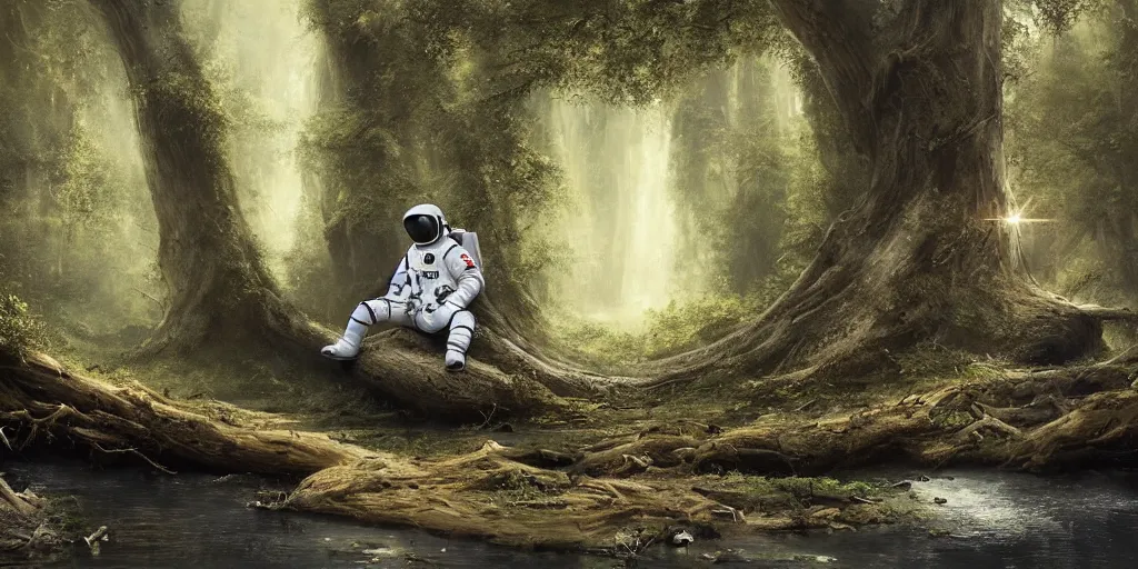 Image similar to an astronaut sitting on a fallen tree by a river in a forest, a detailed matte painting by frieke janssens, featured on cgsociety, fantasy art, matte painting, reimagined by industrial light and magic, matte drawing