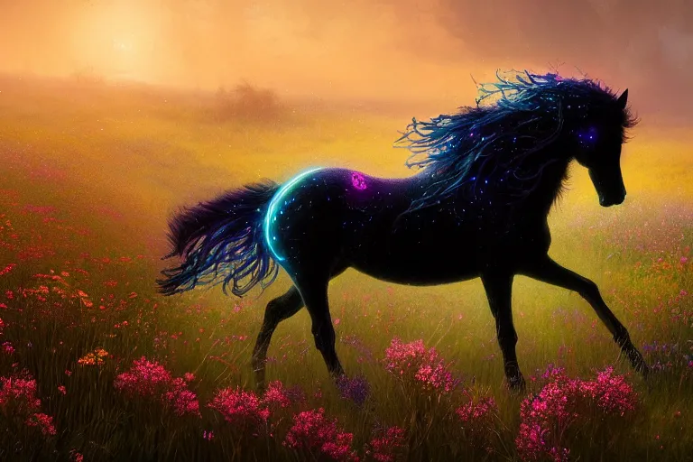 Prompt: a stunning digital painting of a horse with a mane of bioluminescent flowers running through a field of flowers by greg rutkowski, flowercore, volumetric light, digital art, fine detail, photorealistic