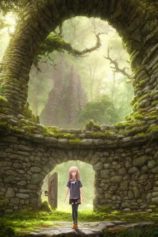 Prompt: a highly detailed matte painting of a teenager with shaggy hair and hip clothes standing in front of a stone gate in the elven forest ruins, by studio ghibli, by artgerm, by wlop, by greg rutkowski, detailed face, perfect eyes, volumetric lighting, octane render, 4 k resolution, trending on artstation, masterpiece