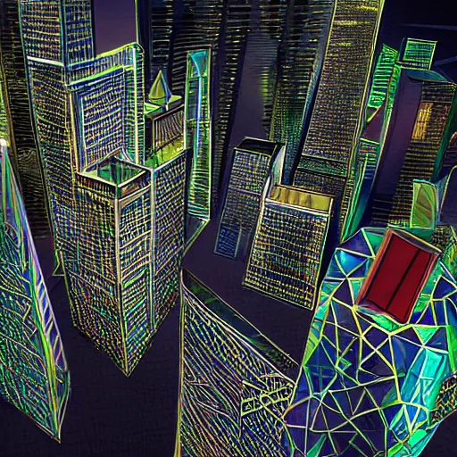 Prompt: geometric neon skyscrapers made of bismuth crystal, high detail, concept art, intricate