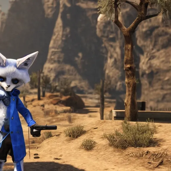 Image similar to a blue fennec fox furry in a fursuit in red dead redemption 1 holding a gun to his temple