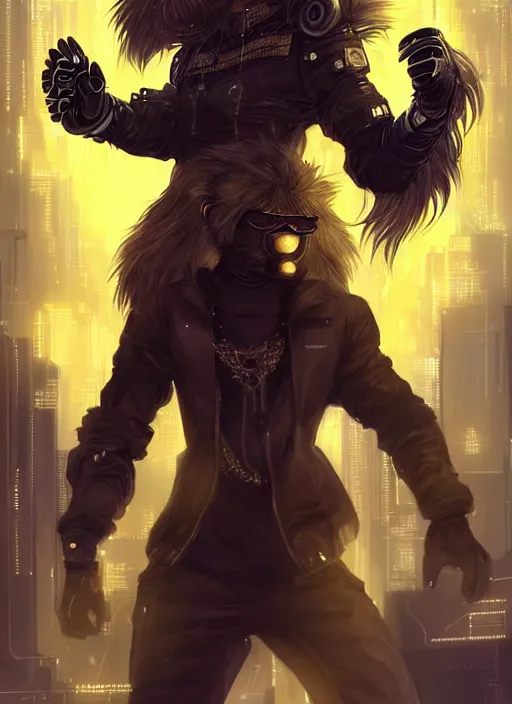 Image similar to award winning beautiful portrait commission of a male furry anthro lion fursona with a tail and a cute beautiful attractive detailed furry face wearing stylish black and gold cyberpunk clothes in a cyberpunk city at night while it rains. Character design by charlie bowater, ross tran, artgerm, and makoto shinkai, detailed, inked, western comic book art