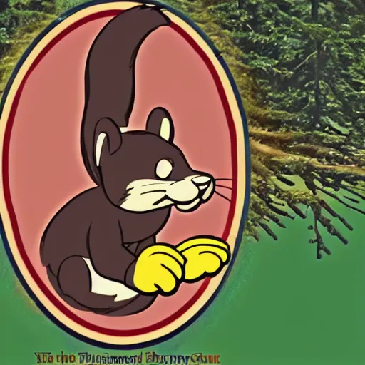 Image similar to logo for theme park involving anthropomorphic happy pine marten mascot, old disney cartoon style