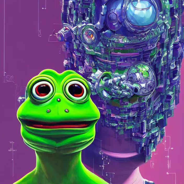 Image similar to symmetry!! portrait of pepe the frog, plug suit rei ayanami plug suit radially symmetric alien megastructure turbulent bismuth glitchart atmospheric cinematic environmental architectural design john berkey potrait sculpture of gigantic head surround