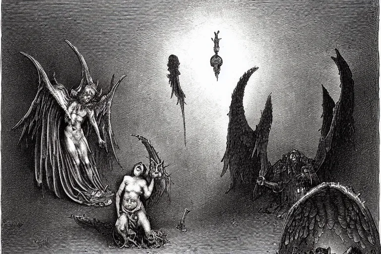 Image similar to fallen angel begs to enter the gates of hell by gustave dore and les edwards and hieronymus bosch