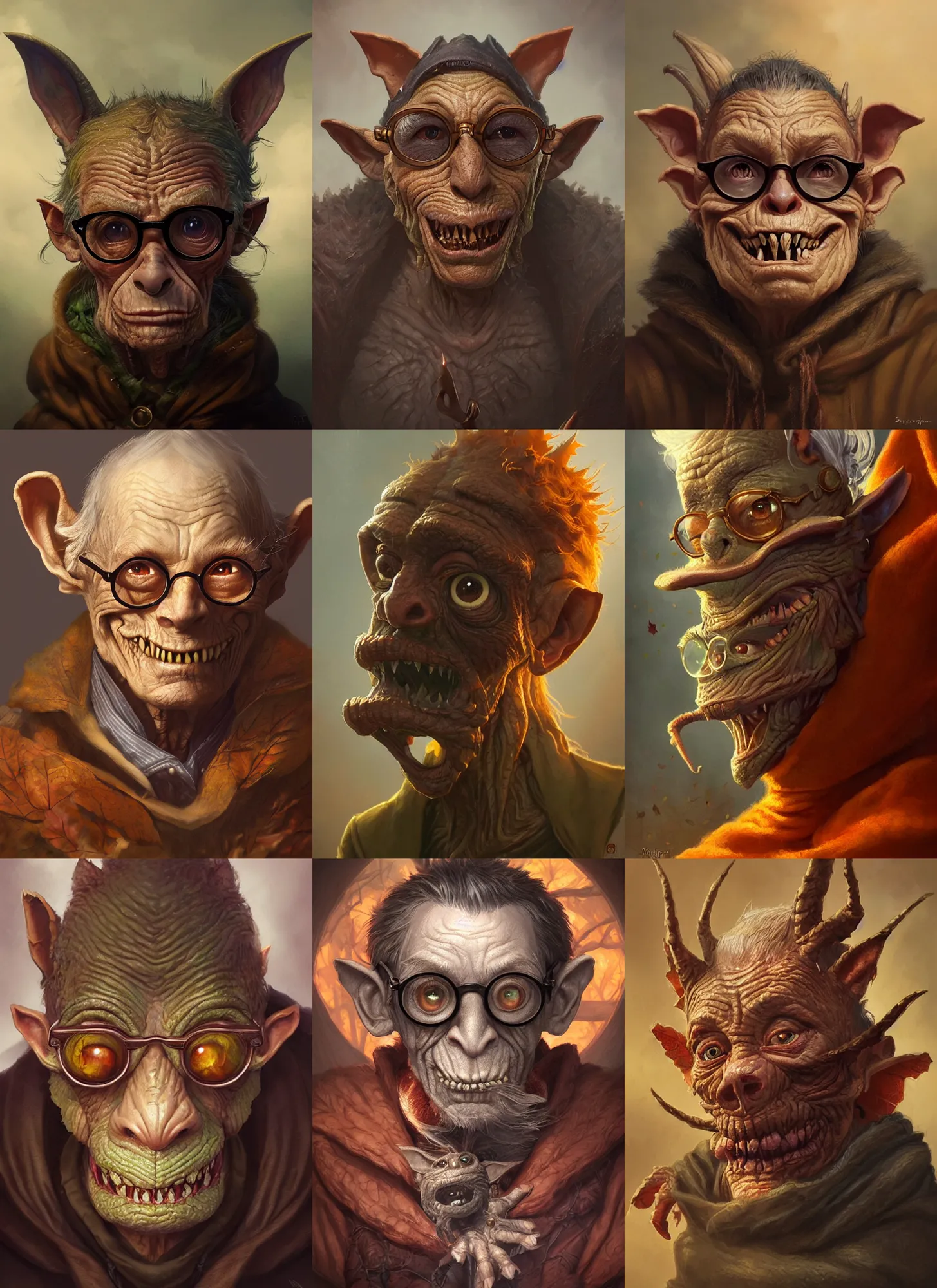 Prompt: cute elderly autumnal goblin, spectacles, d & d, fantasy, portrait, highly detailed, digital painting, trending on artstation, concept art, sharp focus, illustration, art by artgerm and greg rutkowski and magali villeneuve