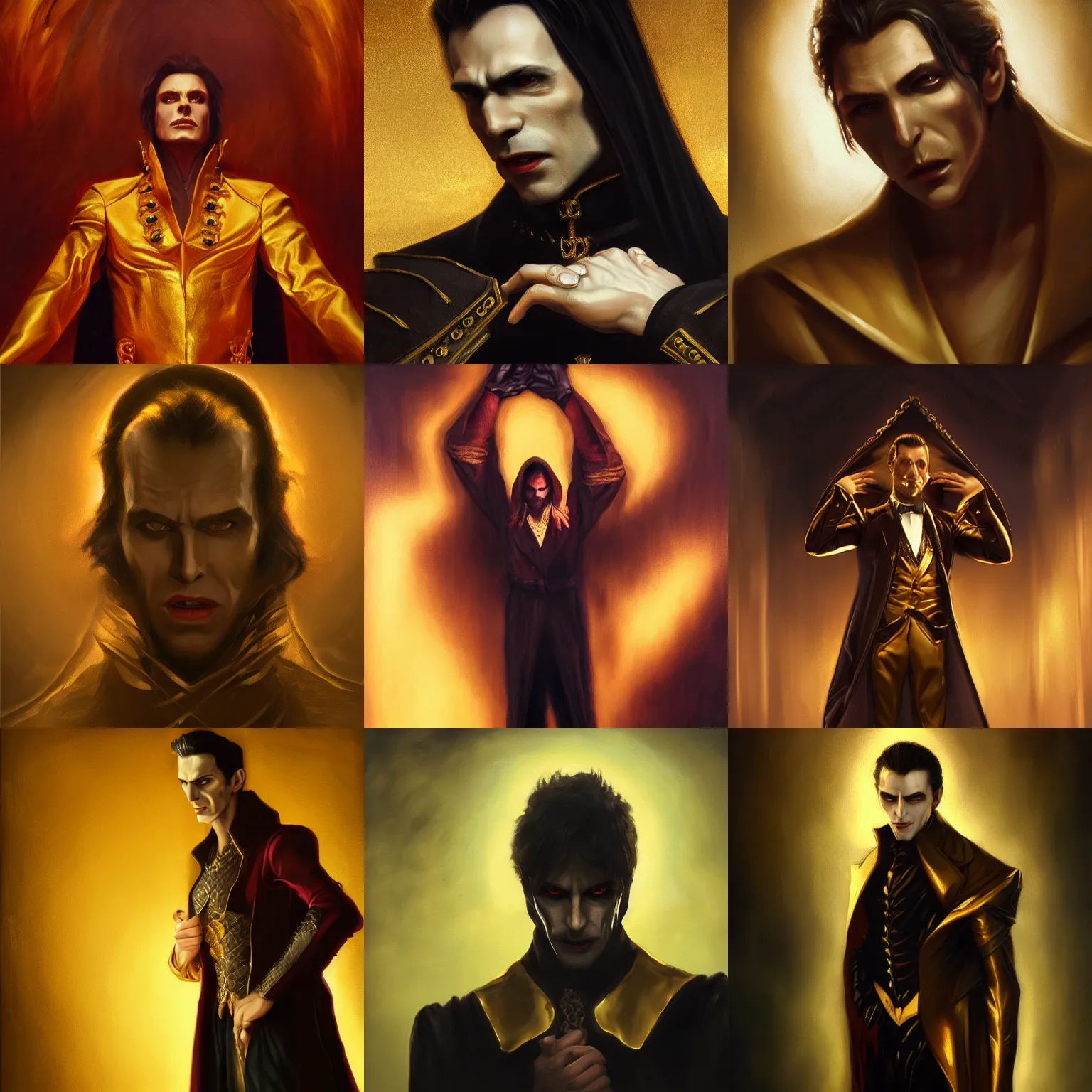Prompt: male vampire in dark golden noble clothes in a dramatic pose with his hands above the head, realistic oil painting, artstation, cinematic, dramatic lighting