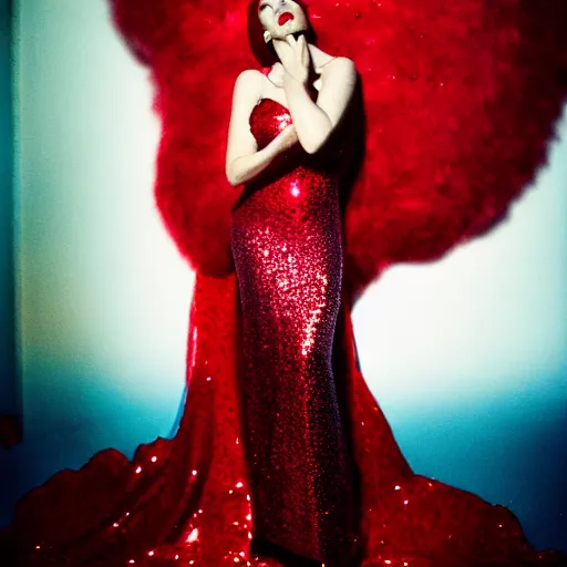 Prompt: film portrait, fine art photography of jessica chastain as jessica rabbit, head and shoulders photography. red sequin ballgown dress. kodak ektar 4 0 0. canon f 1. 2. detailed, realistic