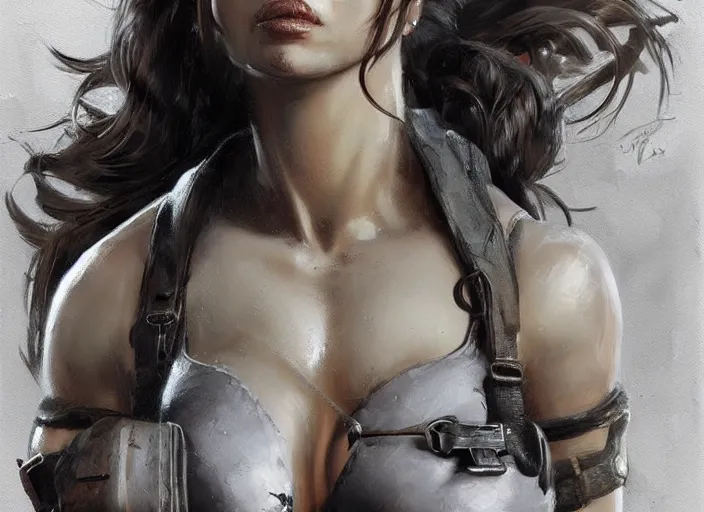 Prompt: portrait of lara croft as a beautiful female bodybuilder amazon with plump lips, elegant, fantasy, hd shot, digital portrait, beautiful, artstation, comic style, by artgerm, guy denning, jakub rozalski, magali villeneuve and charlie bowater