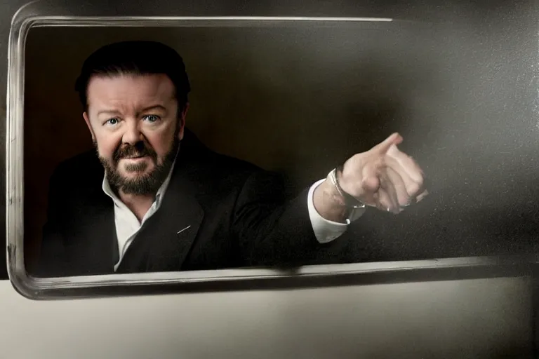 Image similar to a cinematic painting of ricky gervais looking through a steamed up limousine window, paparazzi, beautiful lighting, high depth, ultra realistic, artistic, by annie leibovitz