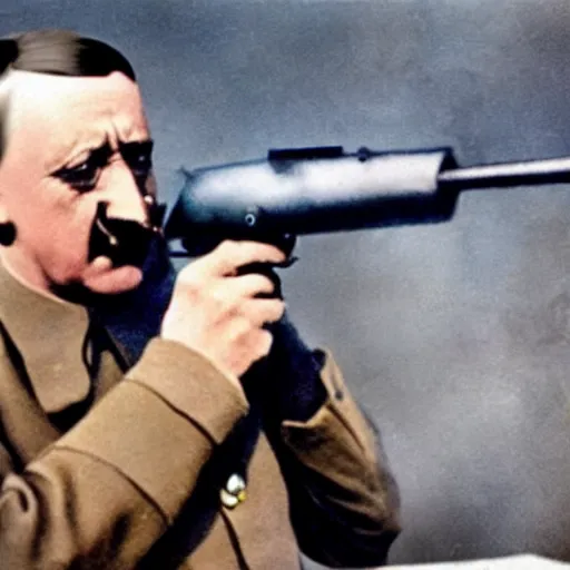 Image similar to a hyper realistic colorized photo of hitler pointing a gun to his head while crying, close - up shot