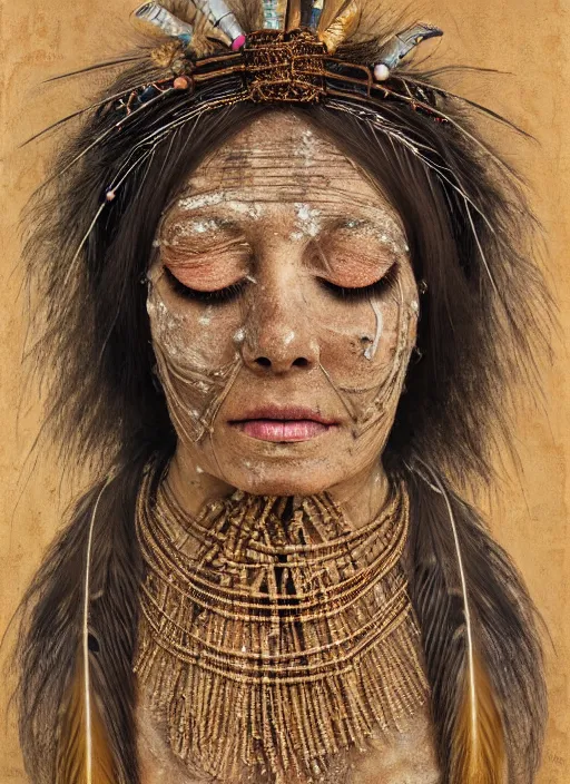 Image similar to a portrait of a mummified woman, ritualistic burial, pagan empress with closed eyes, decorated with beads and feathers and twigs, cobwebs, photorealistic, beautiful hyper realistic painting, detailed portrait