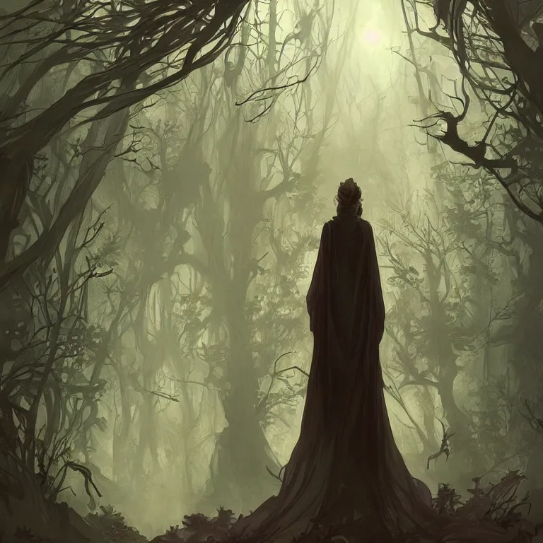 Image similar to a lone figure standing in front of a haunted victorian house in a dense dark forest, concept art, by Peter Mohrbacher and Alphonse Mucha, detailed, style, 8k, trending on artstation, unreal engine 4k, detailed, clean background trending, full shot, symmetrical portrait, sophisticated, Unreal engine, dystopia, anti-utopia, post processing, psychadelic