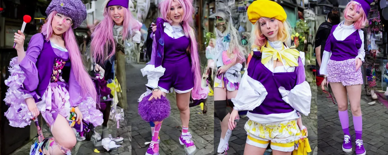 Image similar to A character sheet of a cute magical girl with short blond hair and freckles wearing an oversized purple Beret, Purple overall shorts, Short Puffy pants, pointy jester shoes, a big yellow scarf, and white leggings. Rainbow accessories all over. Photo Collage. By Seb McKinnon. Decora Fashion. harajuku street fashion. Cosplay. E-Girl. Kawaii Design. Intricate. Highly Detailed. Photorealistic. Sunlit