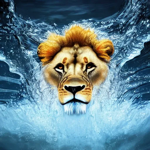 Image similar to a male lion's face breaching through a wall of water, headshot, water sprites, splashing, deep blue ocean, highly detailed, realistic digital art, trending on artstation