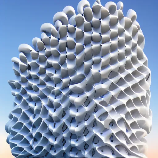 Image similar to giant parametric building that is white, horizontal, fluid form, complex | cinematic, hyper realistic, crazy detail, smoke geometry, artstation, hyper realistic, super detail