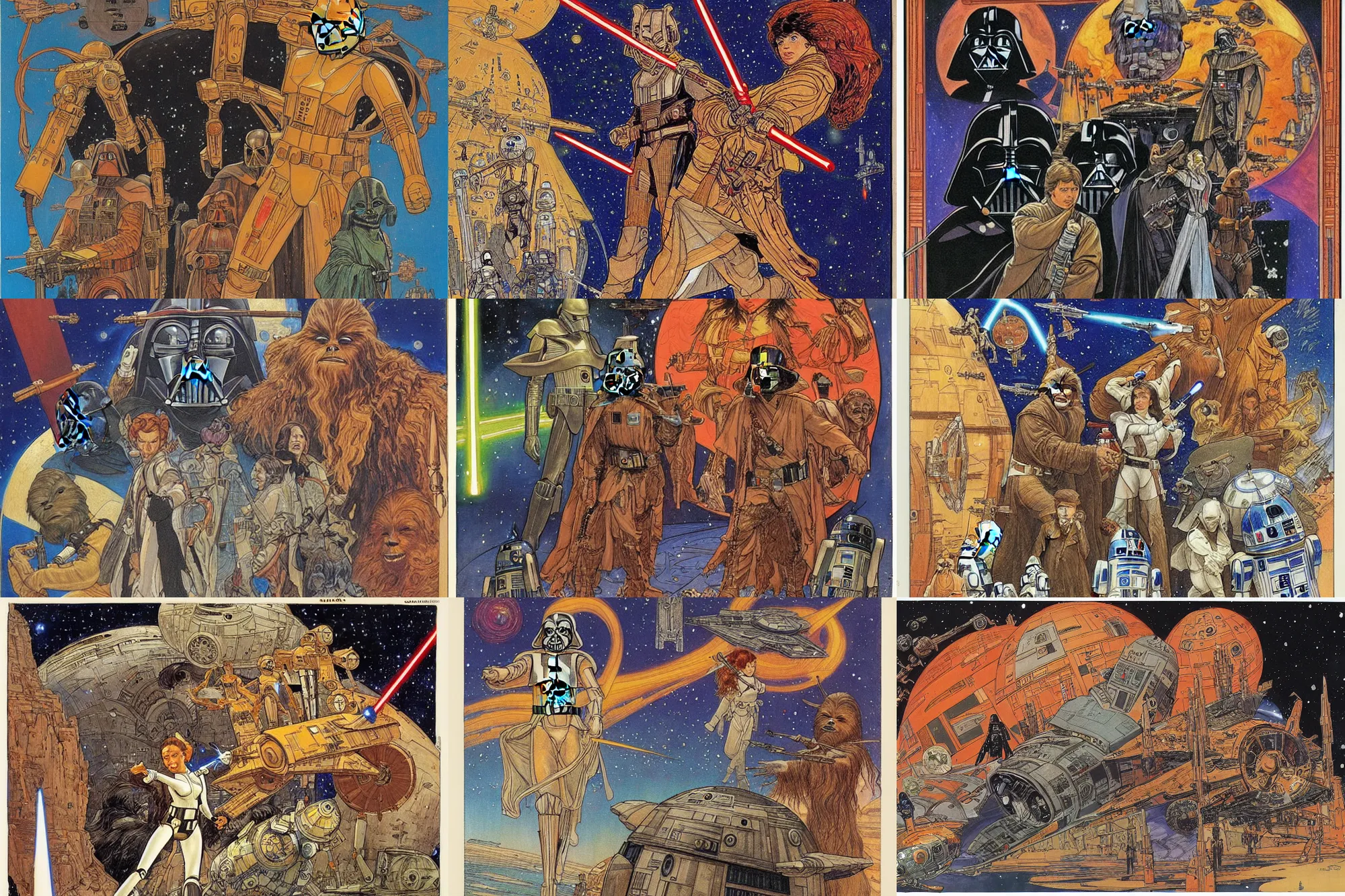 Prompt: star wars, painting by ivan bilibin and micheal kaluta
