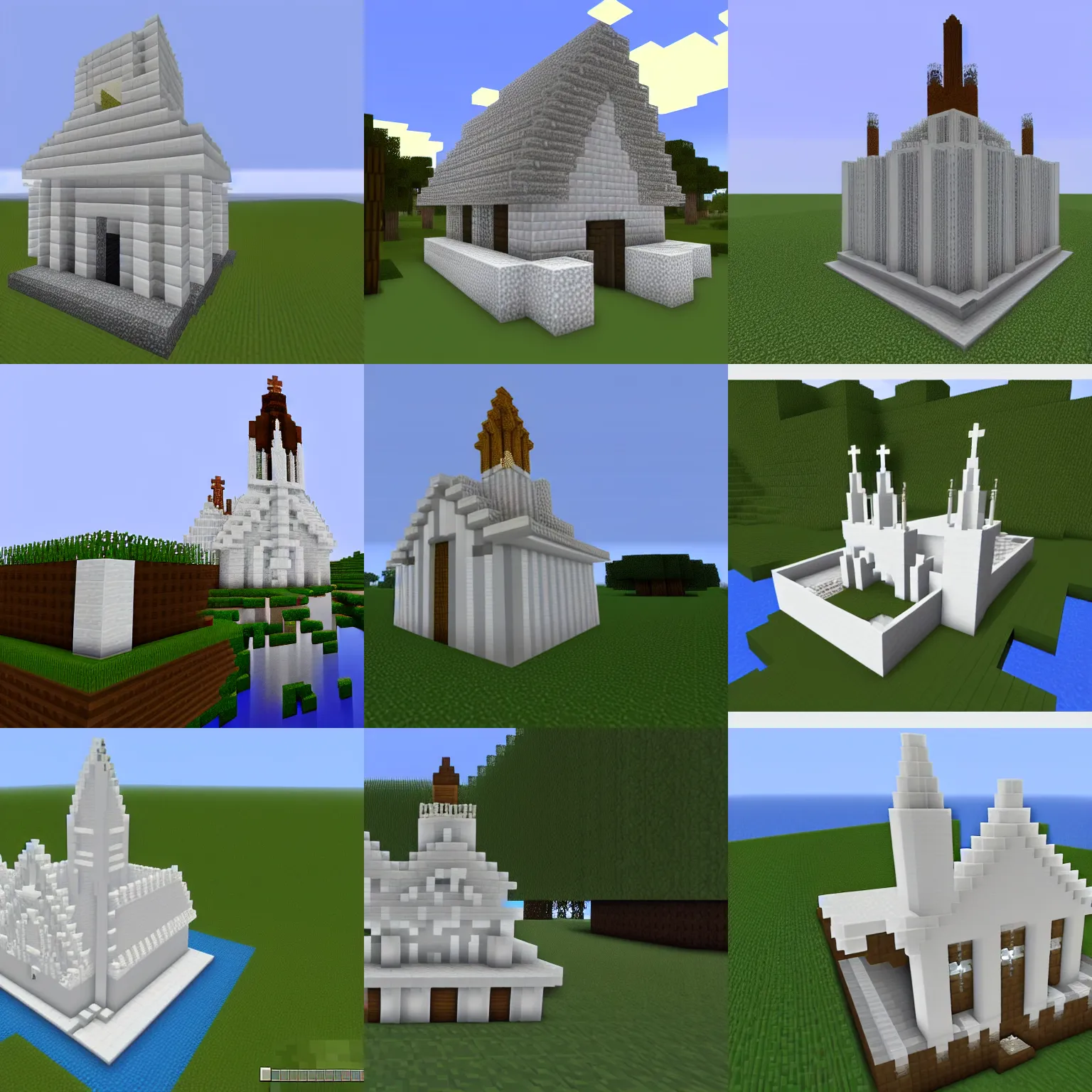 Prompt: a white church floating across the apace, minecraft