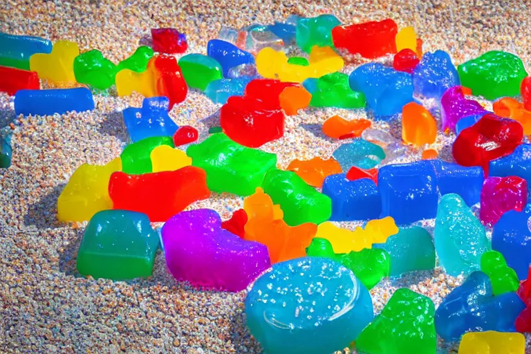 Image similar to desert oasis made of gummy candy, 8 5 mm bright - light photography,