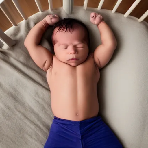 Prompt: humongus muscles bodybuilder baby sleeping in a crib, newborn picture, barrel chested, rippling muscles, huge veins, bulging muscles, ripped, award winning photography, high detail