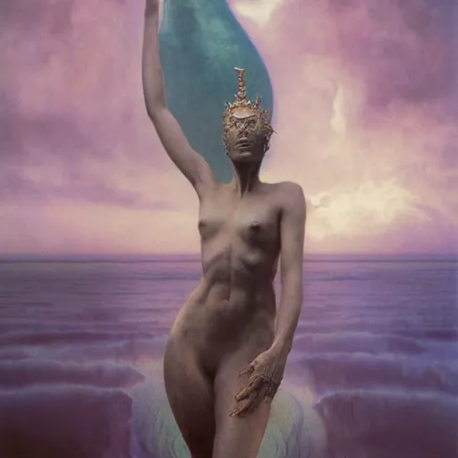 Image similar to queen of neptune by zdzisław beksinski, raymond swanland, alexander mcqueen, craig mullins and alphonse mucha. highly detailed, hyper - real, beautiful