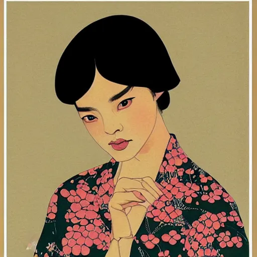 Image similar to “ tessa thompson portrait by ikenaga yasunari and ayana otake and ko rakusui, 6 0 s poster, drawing, realistic, sharp focus, japanese, dreamy, nostalgia, faded, golden hues, floral clothes, porcelain skin ”