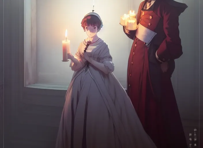 Prompt: victorian britain 1 8 3 6, 1 6 year old florence nightingale, has a vision from god, dream like, night, single candle, luxurious bedroom, finely detailed perfect art, gapmoe yandere grimdark, trending on pixiv fanbox, painted by greg rutkowski makoto shinkai takashi takeuchi studio ghibli