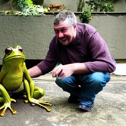 Prompt: photo of a frog man talking with his cat