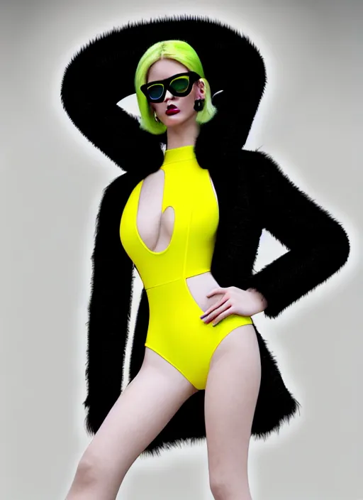 Prompt: coat for a rave With fur And a swimsuit, hairstyle, White soft leather model, Glasses, earrings, bright soft colors, soft yellow background, many details, prints, photo for a magazine, photo for a store, fashion photography, Vogue, low angle photo, wide angle , cinematic, hyper realism,photorealism,photorealistic face, high detail, octane render, 8k, chrome accents, very coherent symmetrical artwork, perfect face model, Soft light, Reduced contrast