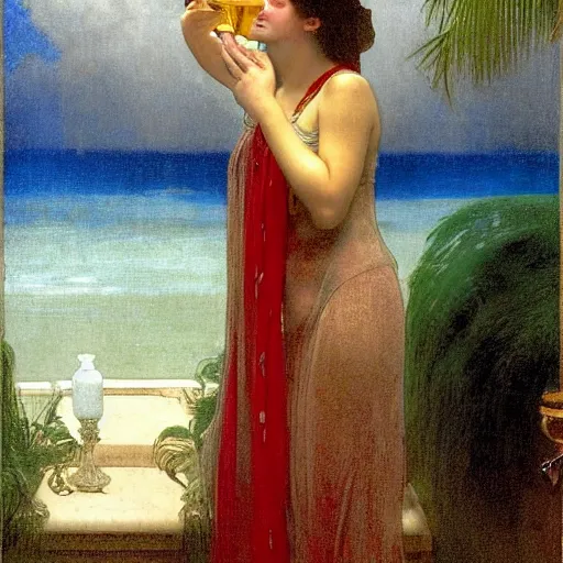 Prompt: Girl with a blood chalice at the palace, thunderstorm, pool, beach and palm trees on the background major arcana sky, by paul delaroche, alphonse mucha and arnold böcklin arnold böcklin hyperrealistic 8k, very detailed