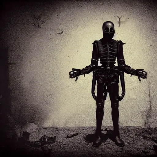 Prompt: full-body dark creepy gothic realistic found photograph polaroid a decapitated soldier with futuristic elements. he welcomes you under with no head, empty helmet inside is occult mystical symbolism headless full-length view. standing on ancient altar eldritch energies disturbing frightening, hyper realism, 8k, sharpened depth of field, 3D