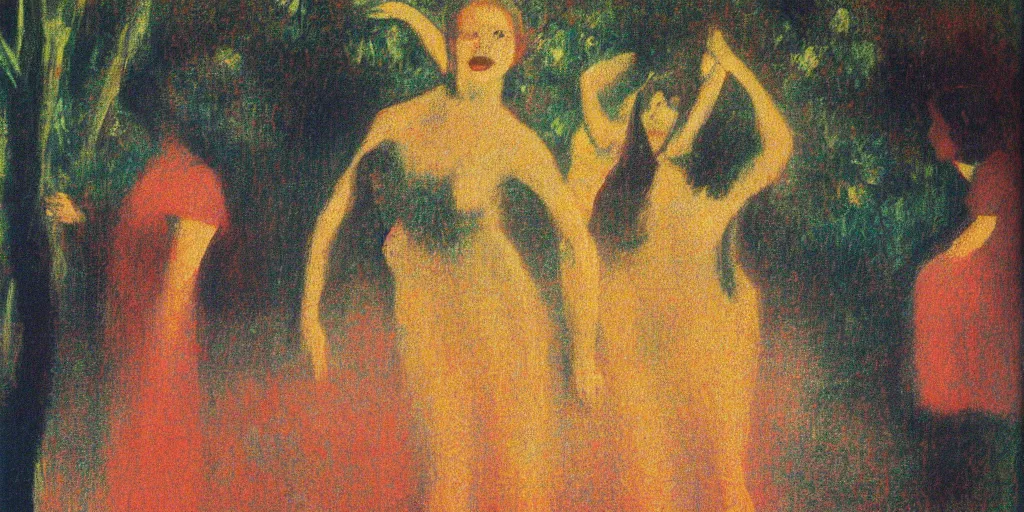 Image similar to a film still of suspiria by dario argento 1 9 7 7 movie, painted by georges seurat, by manet, impressionism, pointillism, high quality, detailed, print!, poster,