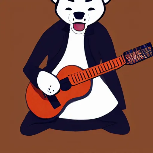 Prompt: masculine shiba inu man, anthropomorphic, Anthro, furry, plays guitar, Artstation