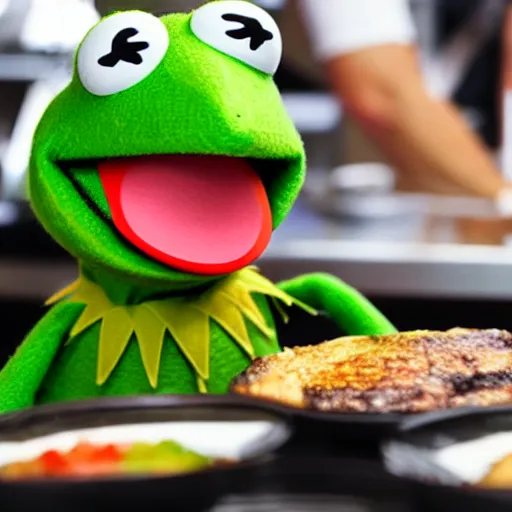 Image similar to Kermit the frog as the chef in a high end restaurant kitchen expensive gourmet fancy Michelin photo 4k journalism