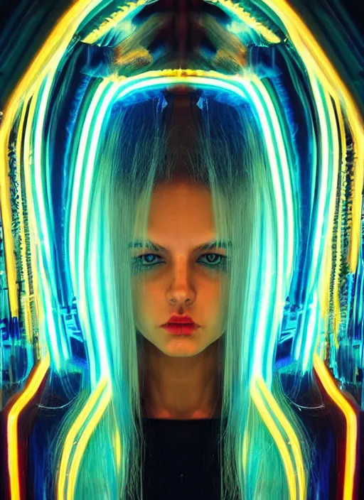 Image similar to vertical photo of polish female in chromatic futuristic suit, blonde, curly hair, symmetrical beautiful face, cyberpunk, native costume, standing in the dark room, prismatic neon, fashion editorial photography, hyperrealistic, from vogue magazine, reflections, refraction, gold, teal, orange