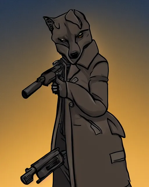 Image similar to a fox wearing a black trench - coat holding a mini - gun, comic art style, digital art,