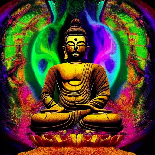 Prompt: ancient Buddha corrupted by pure chaos , colorfull fractal dmt textured emanating from third eye, healing warlock , entombment of the machine , spiritual liberation, vibrant colorfull atmospheric landscape with dark crisp lines , soft illumination