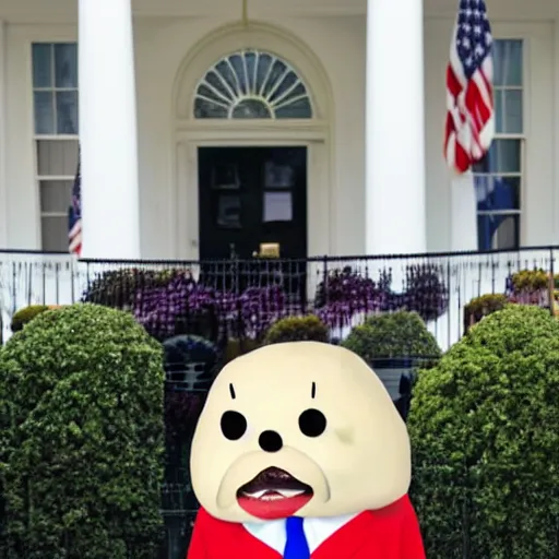 Prompt: a baked potato running for president, wearing a presidential suit and tie, at the white house