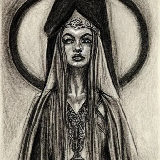 Prompt: charcoal drawing of a elvish priestess