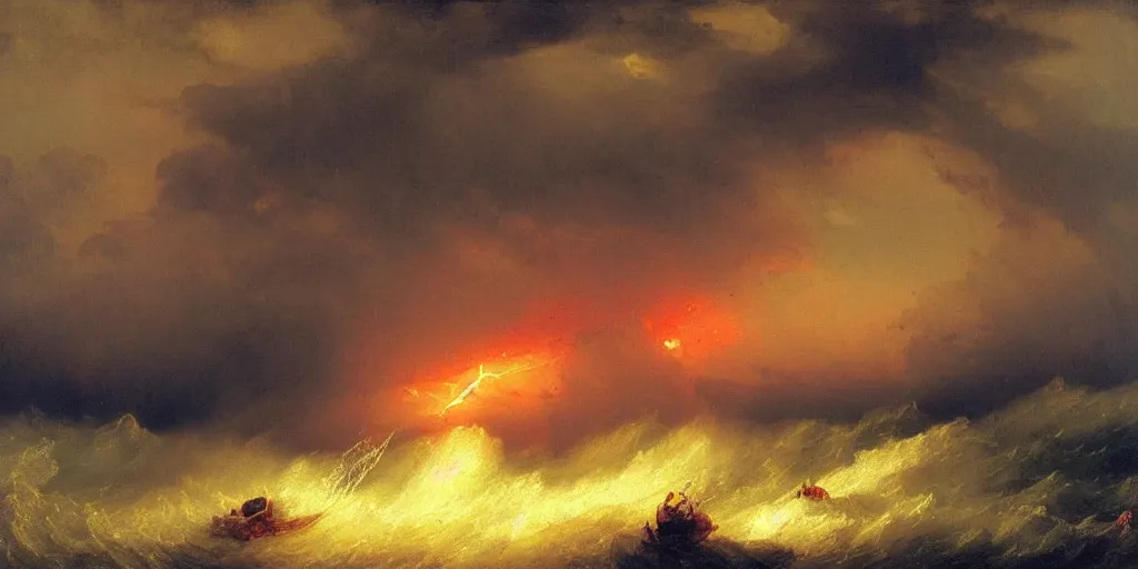 Prompt: a painting of a ship in a lightning storm on fire, struck by lightning, by ivan aivazovsky