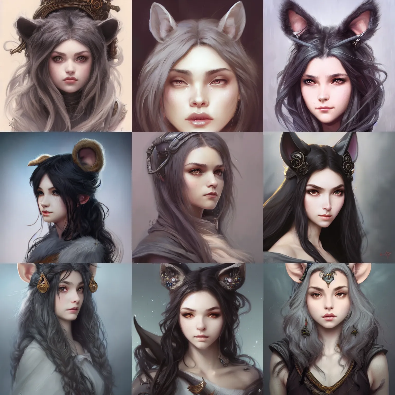 Image similar to 3/4 headshot of young female furry, D&D, cute, fantasy, intricate, long hair, grey skin, mouse ears, black hair, elegant, highly detailed, digital painting, artstation, concept art, smooth, sharp focus, illustration, art by artgerm and greg rutkowski and alphonse mucha