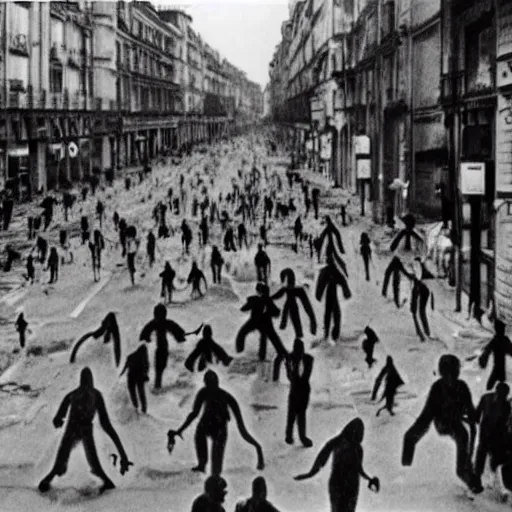 Prompt: a photo of the famous zombie invasion in the streets of Vichy, 1984