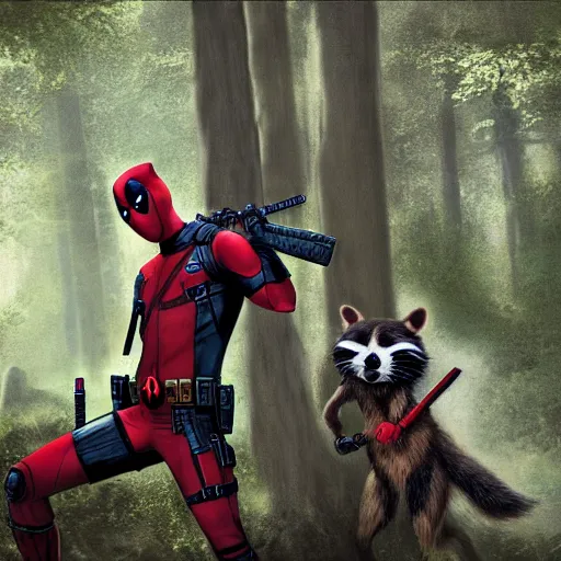 Image similar to deadpool and rocket raccoon in the woods digital art 4 k detailed super realistic