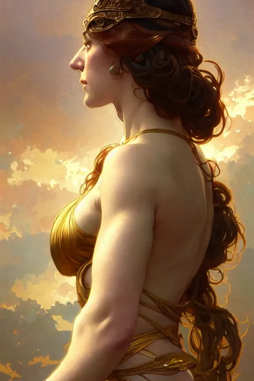 Image similar to Kelly Sue Deconnick as a beautiful Greek Goddess, gorgeous, amazing, fit, very feminine body, intricate, highly detailed, digital painting, artstation, concept art, sharp focus, illustration, art by greg rutkowski and alphonse mucha