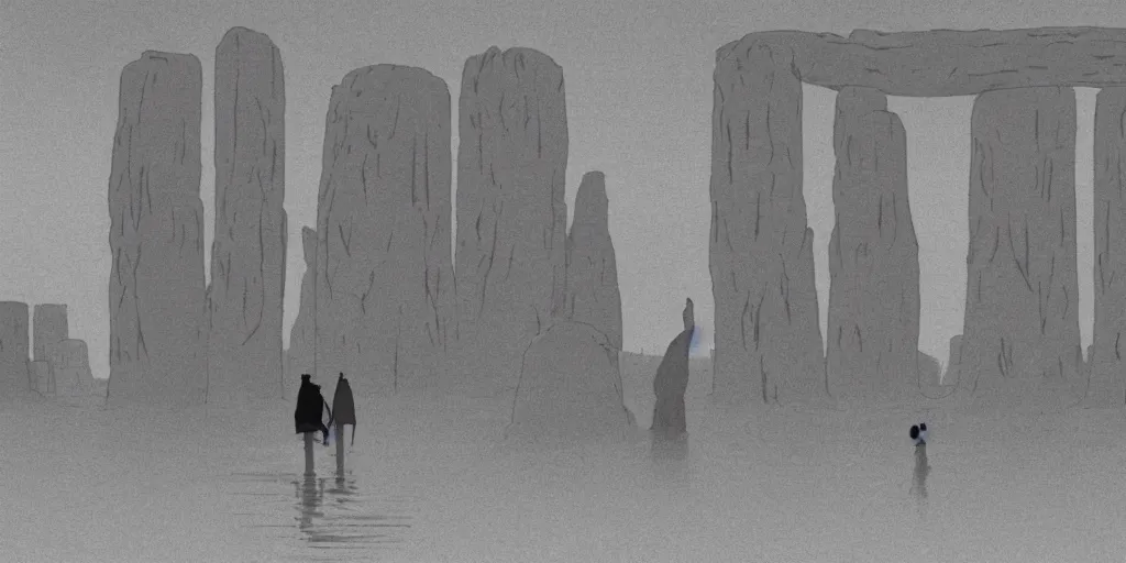 Prompt: a realistic cell - shaded studio ghibli concept art from paprika ( 2 0 0 6 ) of a hairless from close encounters of the third kind ( 1 9 7 7 ) in a flooded monument valley stonehenge. very dull colors, wide shot, hd, 4 k, hq