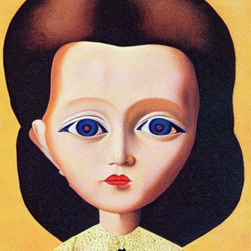 Prompt: very detailed portrait of angela anaconda. painted by rene magritte, 1 9 2 7. oil on canvas.