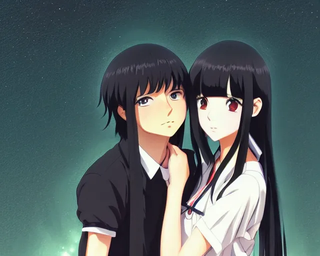 Image similar to beautiful anime girl with long black hair and bangs, two beautiful anime guys with black hair, wearing black clothes, siblings, fine details portrait, Japanese village background, bokeh. anime masterpiece by Studio Ghibli. illustration, sharp high-quality anime illustration in style of Ghibli, Ilya Kuvshinov, Artgerm