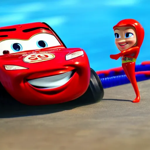 Prompt: lightning mcqueen in a swiming pool